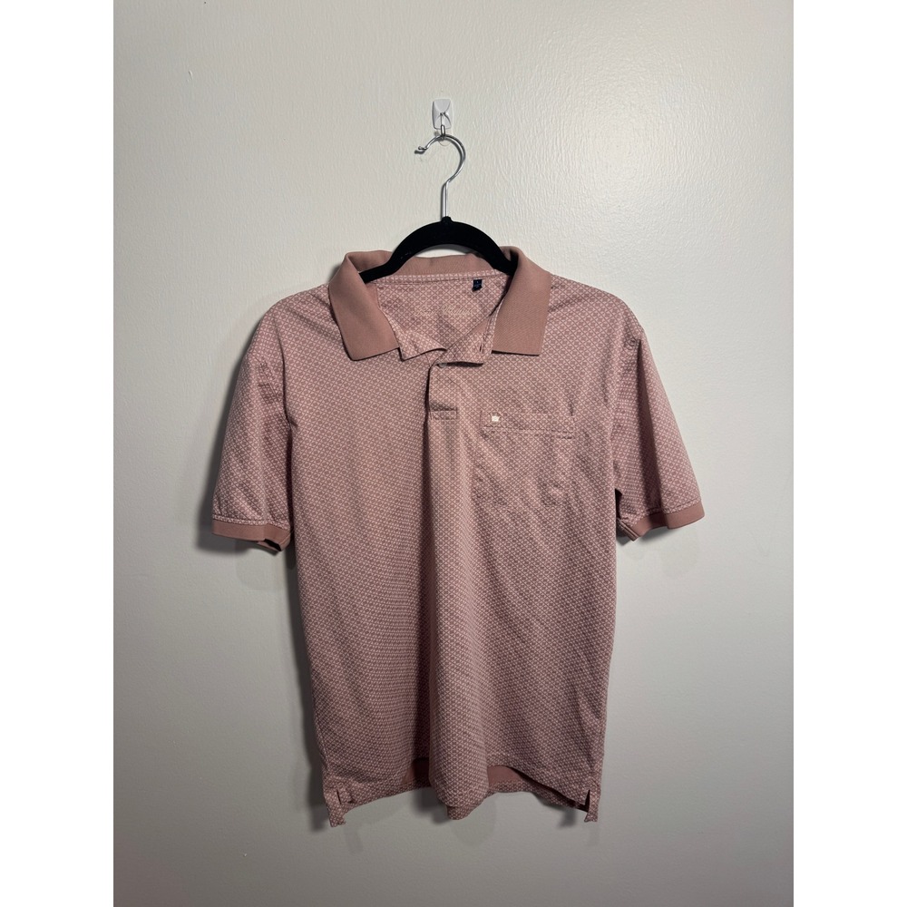 Louis Philippe Mens Large Polo Shirt Pink Geometric Print Short Sleeve Pocket L